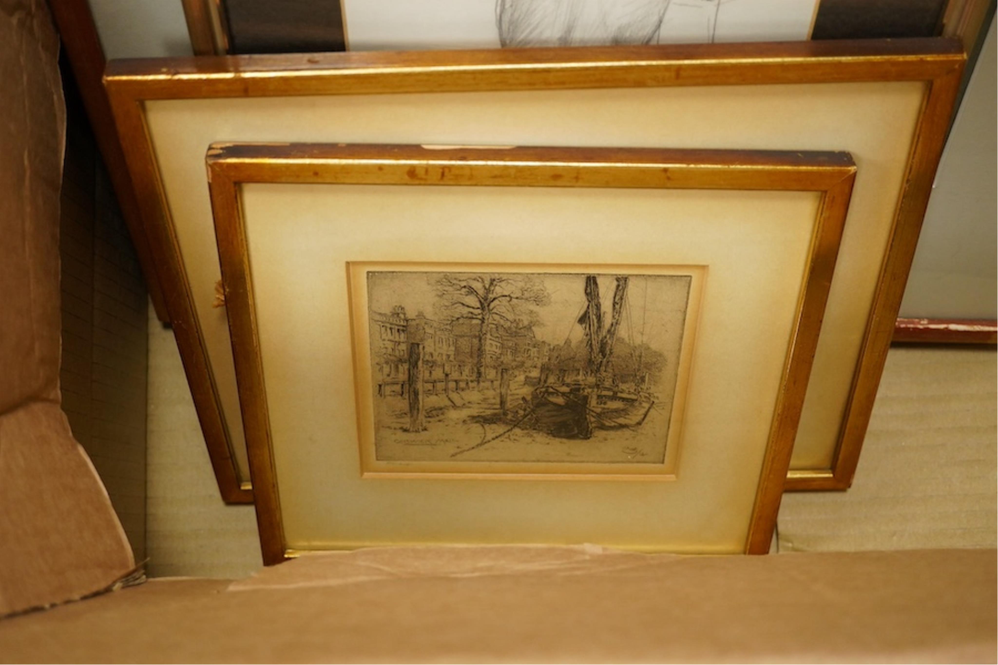 Three ink, pencil and charcoal portraits together with three etchings, three etchings to include Chiswick Mail and Strand on the Green, 35 x 24cm. Condition - fair, one glass cracked